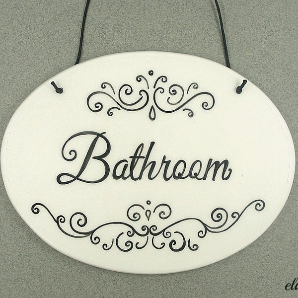 Bathroom sign, toilet sign, bath sign, hanging bath sign, WC sign, restroom sign, powder room sign, ceramic plaque, ladies room sign, loo.