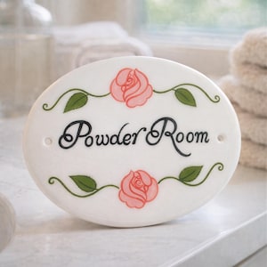 Powder room sign, hand painted sign, ceramic sign, toilet door sign, flower sign, powder room plaque, bathroom sign, WC sign, la toilette