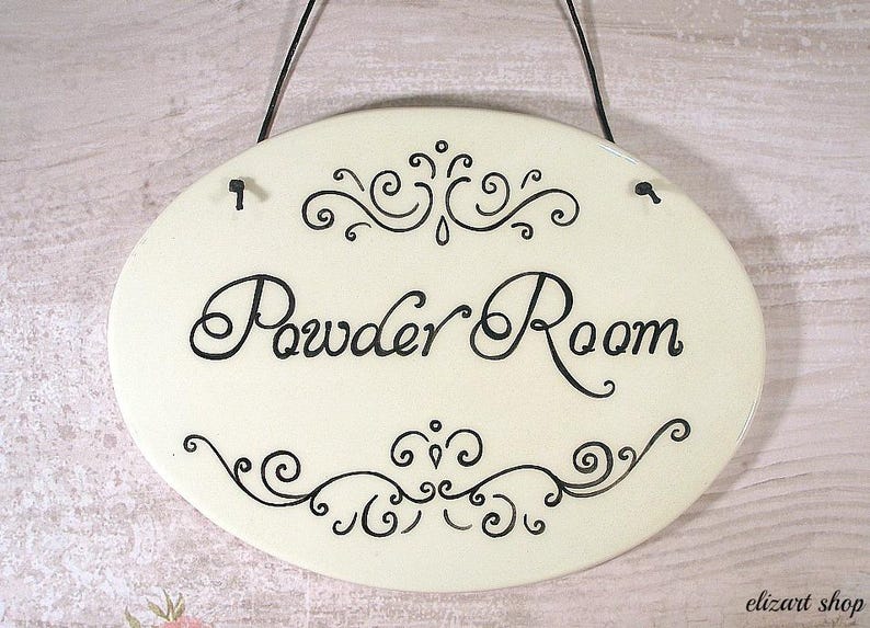 Powder room sign, ceramic door sign, toilet sign, hanging bath sign, WC sign, restroom sign, hand painted sign, bathroom sign, the loo image 9