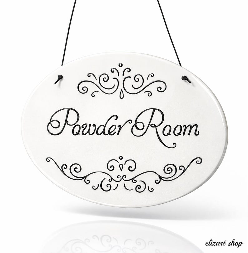Powder room sign, ceramic door sign, toilet sign, hanging bath sign, WC sign, restroom sign, hand painted sign, bathroom sign, the loo image 6
