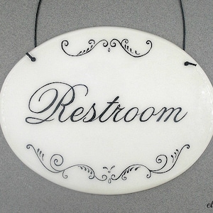 Restroom sign, bathroom sign, toilet sign, bath sign, restroom door sign, WC sign, sign for toilet, hanging bath sign, powder room sign, loo