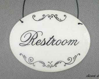 Restroom sign, bathroom sign, toilet sign, bath sign, restroom door sign, WC sign, sign for toilet, hanging bath sign, powder room sign, loo