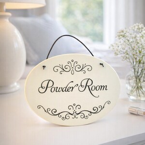 Powder room sign, ceramic door sign, toilet sign, hanging bath sign, WC sign, restroom sign, hand painted sign, bathroom sign, the loo image 2