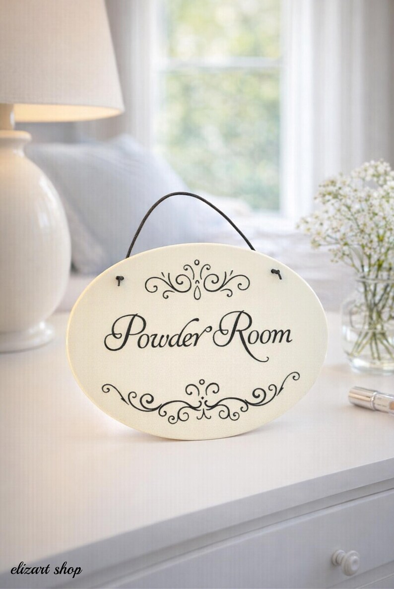 Powder room sign, ceramic door sign, toilet sign, hanging bath sign, WC sign, restroom sign, hand painted sign, bathroom sign, the loo image 2