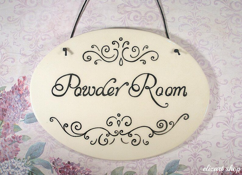 Powder room sign, ceramic door sign, toilet sign, hanging bath sign, WC sign, restroom sign, hand painted sign, bathroom sign, the loo image 5