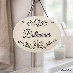 Bathroom sign, ceramic plaque, toilet sign, hanging bath sign, WC sign, restroom sign, powder room sign, ladies room sign, elegant sign, loo