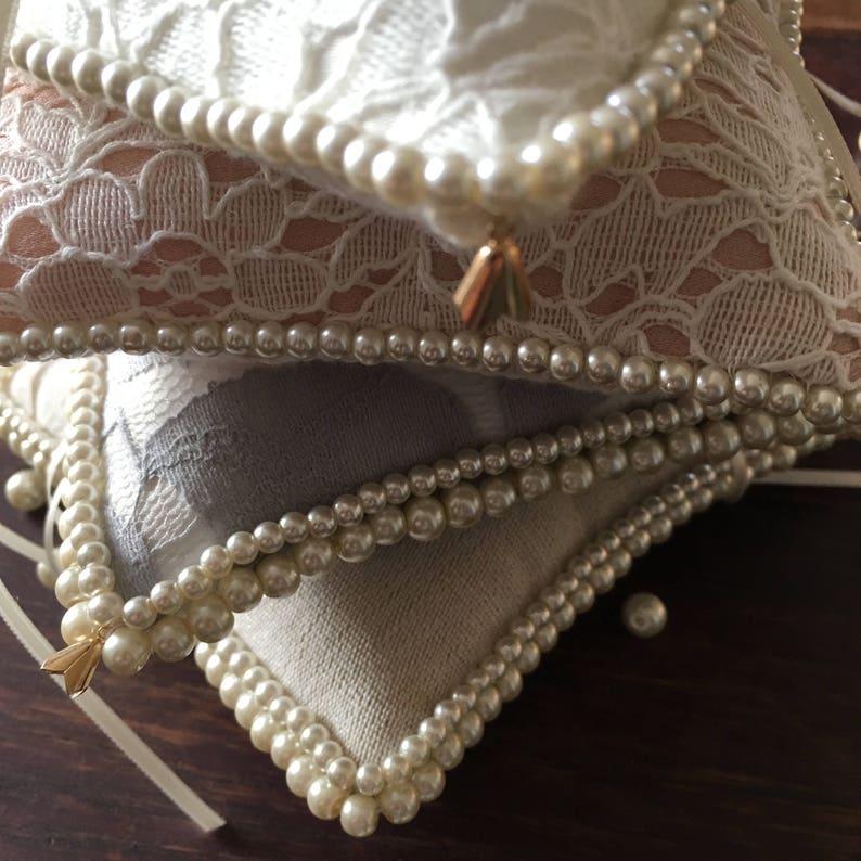 Lace Ring Bearer Pillow with Pearls Wedding Ring Holder Romantic Ring Pillow with Lace and Pearls Pale Pink and White Lace Ring Holder