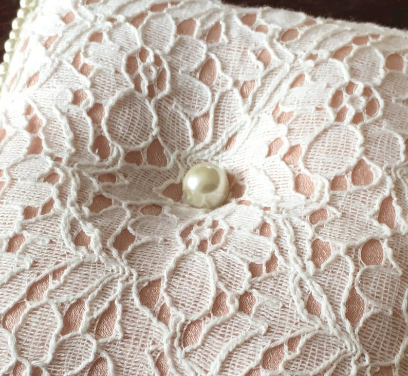 Lace Ring Bearer Pillow with Pearls Wedding Ring Holder Romantic Ring Pillow with Lace and Pearls Pale Pink and White Lace Ring Holder