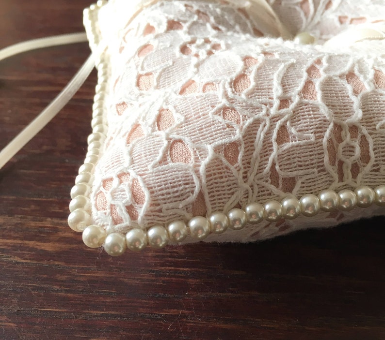 Lace Ring Bearer Pillow with Pearls Wedding Ring Holder Romantic Ring Pillow with Lace and Pearls Pale Pink and White Lace Ring Holder