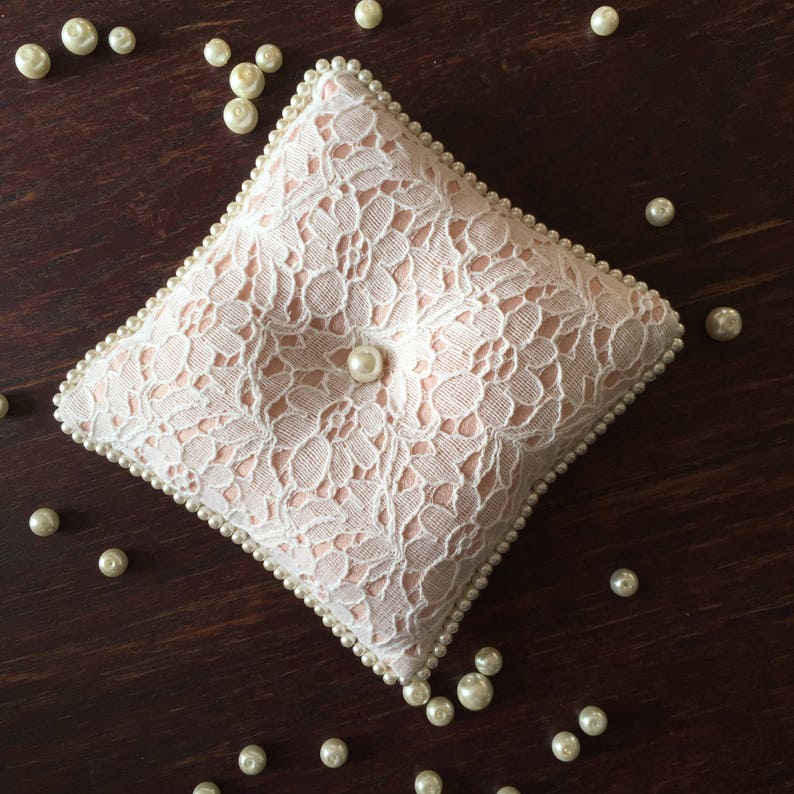 Lace Ring Bearer Pillow with Pearls Wedding Ring Holder Romantic Ring Pillow with Lace and Pearls Pale Pink and White Lace Ring Holder