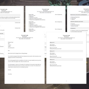May include: A black and white resume template with the name "Taylor Clark" at the top of each page. The resume includes sections for professional experience, education, and references.