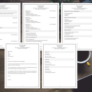 May include: A black and white resume template with the name "Taylor Clark" at the top. The template includes sections for work experience, skills, education, and references.