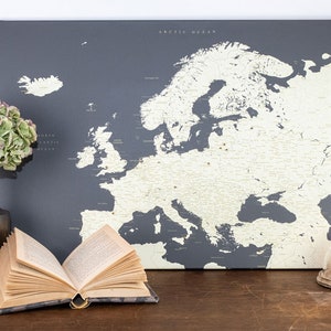 Carte de l’Europe sur toile/Carte à épingles push sur toile/100 épingles push gratuitement/carte détaillée sur toile tendue sur cadre en bois/carte de voyage pour les voyageurs