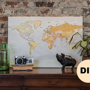 Poster di tela per mappa del mondo altamente dettagliato fai-da-te - Miglior regalo di nozze - Poster di tela arrotolata / 100 spille incluse / Per inquadratura e allungamento