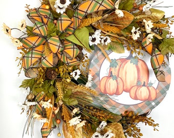 Farmhouse Pumpkin Fall Wreath: Thanksgiving Harvest Decor
