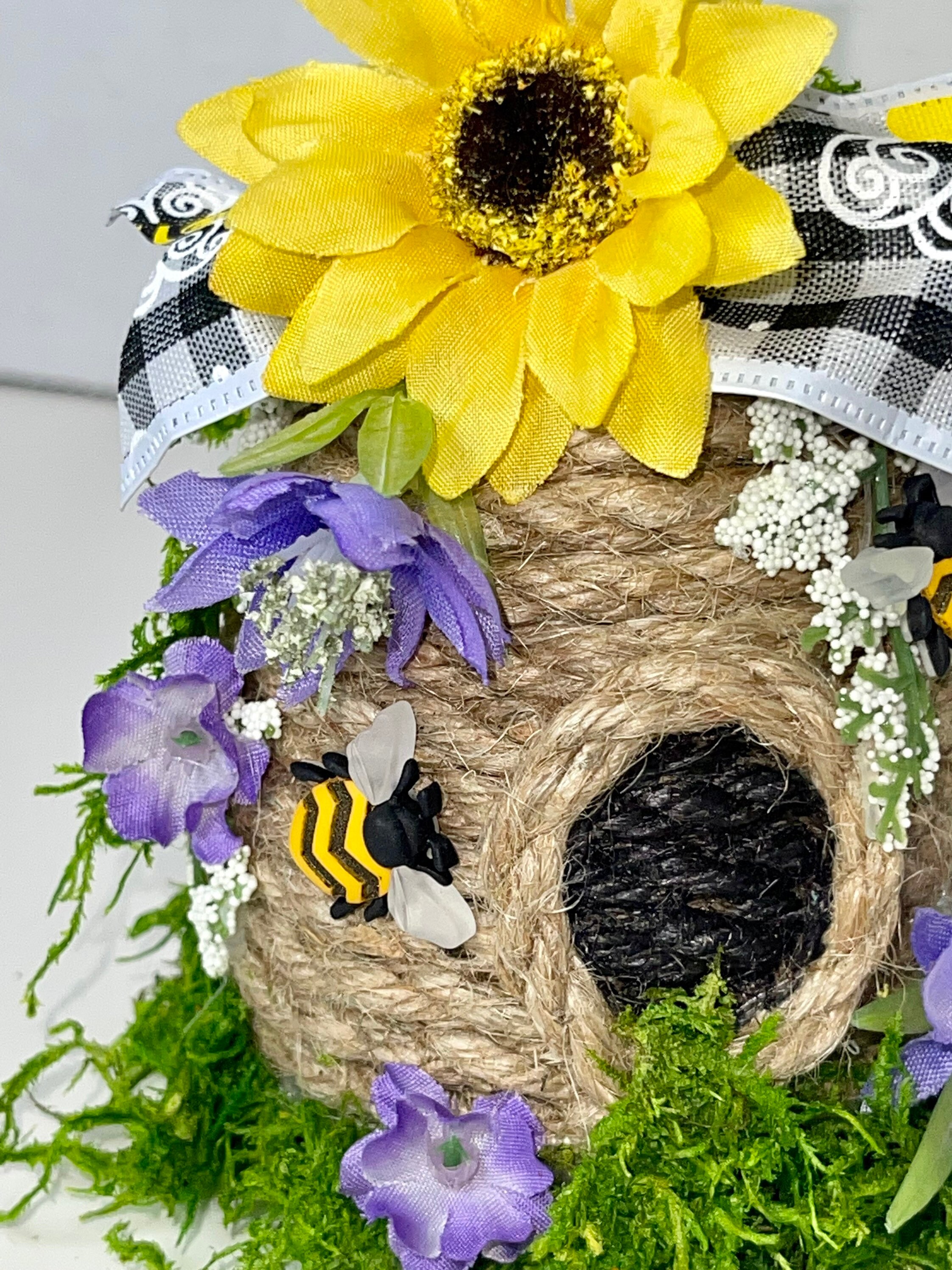 Cute Bee Skep / Hive Bee Decor Bumble Bees Handmade With Clay With Flowers  and Cute Baby Bees 