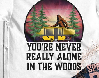 Sunset Sasquatch Bigfoot pop up camper sublimation transfer design download png, sublimate graphics, Never alone in the woods,