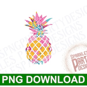 May include: A digital download of a pineapple with a floral pattern in pink, yellow, and blue. The pineapple is on a white background with the text "Sparkles Party Designs" in a gold glitter font.