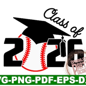 May include: Black and white graduation cap with a baseball design and the text "Class of 2026".