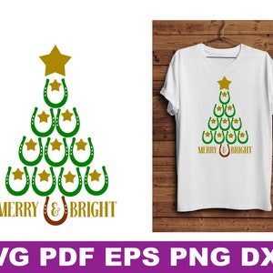 May include: A green Christmas tree made of gold horseshoes with a gold star on top. The tree is surrounded by the text "Merry & Bright".