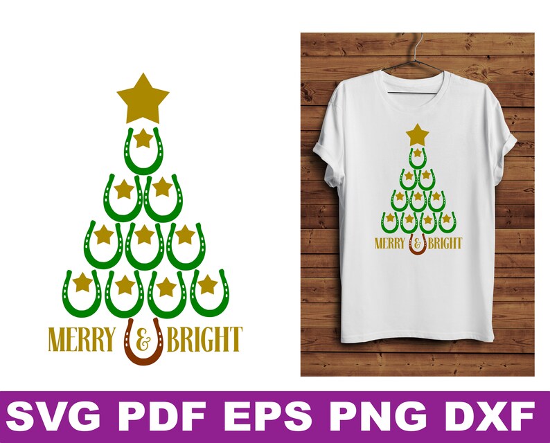 May include: A green Christmas tree made of gold horseshoes with a gold star on top. The tree is surrounded by the text "Merry & Bright".