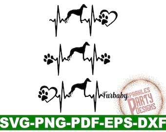 May include: Black and white silhouette of a Greyhound dog with a heartbeat line and paw print. The text "Furbaby" is included in the design.