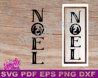 Könnte beinhalten: Ein schwarzes und weißes vertikales Schild mit dem Wort "NOEL" vertikal geschrieben. Der Buchstabe "O" ist ein Kreis mit einer Silhouette der Weihnachtsgeschichte im Inneren.