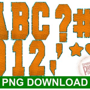 May include: Orange glitter letters, numbers, and symbols with a teal outline. The letters include A, B, C, 0, 1, and 2. The symbols include a question mark, a pound sign, an exclamation point, a star, a lightning bolt, and a heart. The text "Sparkle Party Designs" is in the lower right corner.