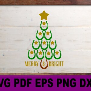 May include: A green and gold Christmas tree design featuring horseshoes and stars. The text "Merry & Bright" is below the tree.