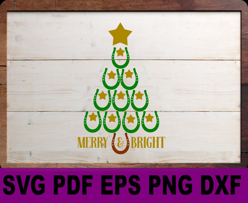 May include: A green and gold Christmas tree design featuring horseshoes and stars. The text "Merry & Bright" is below the tree.