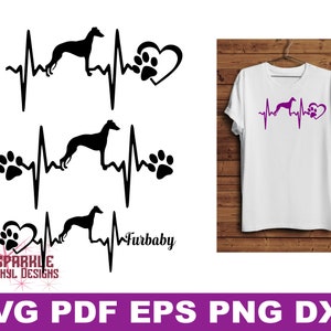 May include: Black and white silhouette of a dog with a heartbeat line and paw print. The text "Furbaby" is below the design. The design is on a white background.