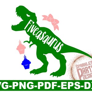 May include: Green dinosaur silhouette with the text "Fivesaurus" in white. The dinosaur is standing on a sparkly background with a pink bow and two cupcakes, one pink and one blue.