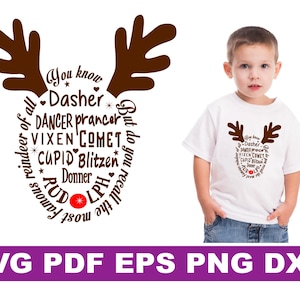 Könnte beinhalten: Eine braune Rentier-Silhouette mit den Namen aller Rentiere in einem Kreis darum herum. Der Text lautet "Du kennst Dasher, Dancer, Prancer, Vixen, Comet, Cupid, Blitzen, Donner, Rudolph und das berühmteste Rentier von allen".