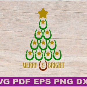 May include: A green Christmas tree made of horseshoes with gold stars and the text "Merry & Bright".