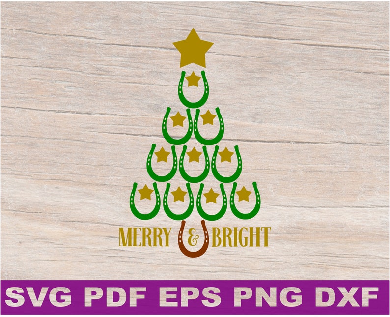 May include: A green Christmas tree made of horseshoes with gold stars and the text "Merry & Bright".