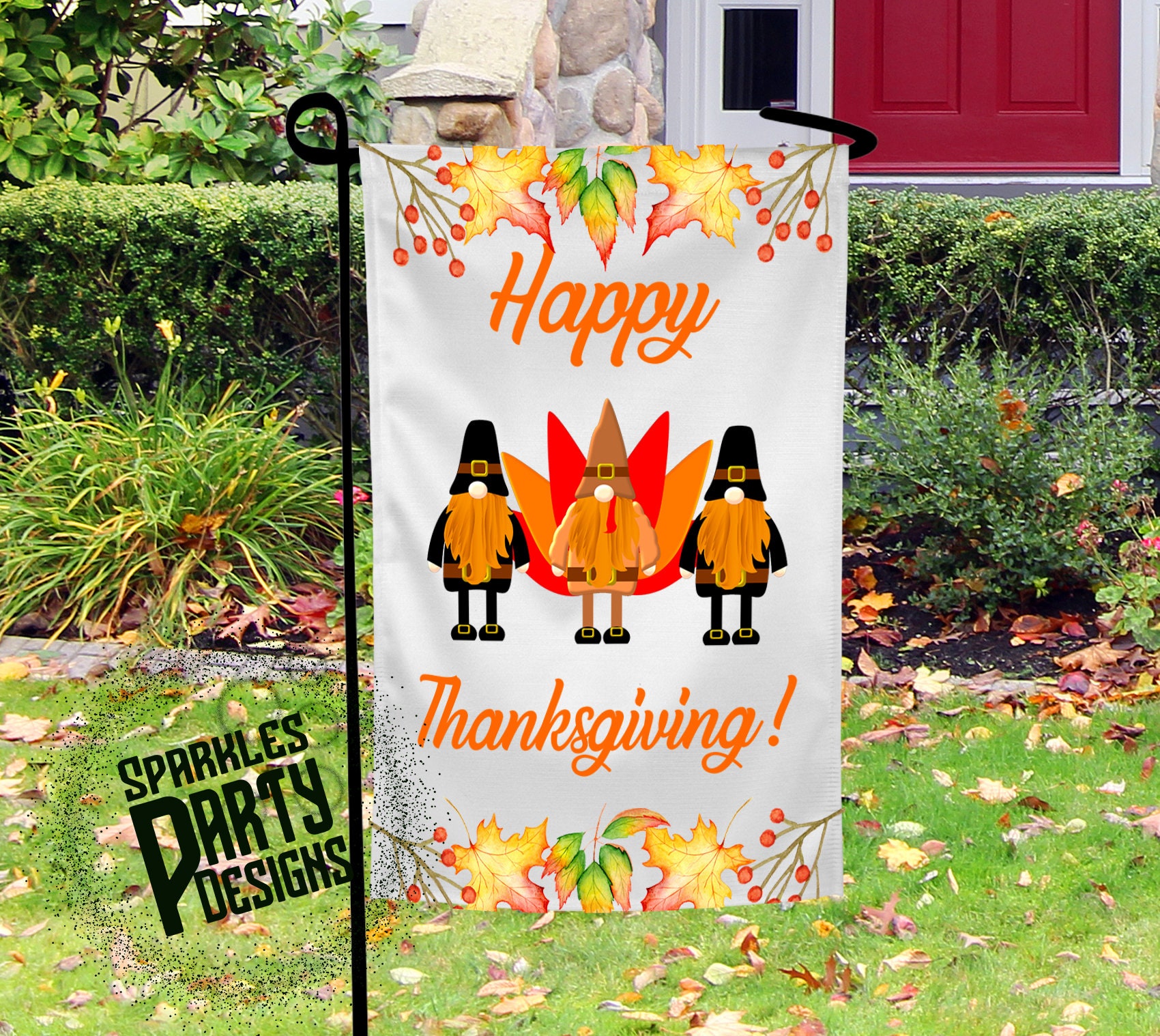 Fall Thanksgiving Pilgrim Turkey Gnomes Garden Flag Graphics Designs Sublimation PNG download, red, orange, yellow