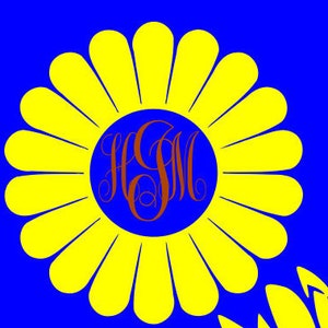 K&ouml;nnte beinhalten: Eine gelbe Sonnenblume mit einem blauen Zentrum und dem Monogramm "HGM" in brauner Schrift.