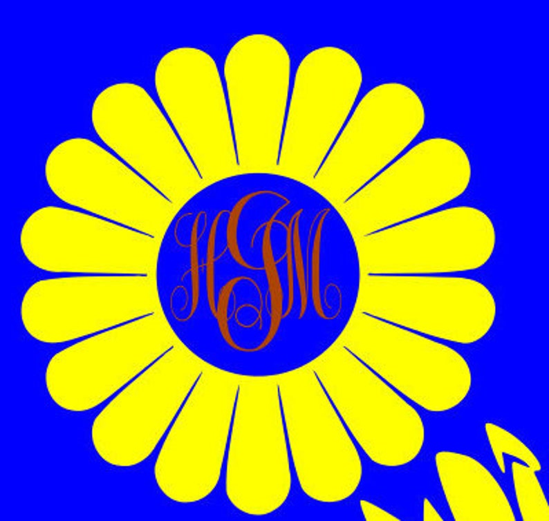 K&ouml;nnte beinhalten: Eine gelbe Sonnenblume mit einem blauen Zentrum und dem Monogramm "HGM" in brauner Schrift.