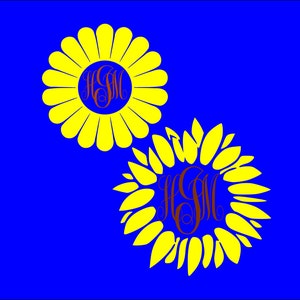 K&ouml;nnte beinhalten: Zwei gelbe Sonnenblumen mit braunen Monogramm-Initialen "HSM" in der Mitte jeder Blume auf blauem Hintergrund.