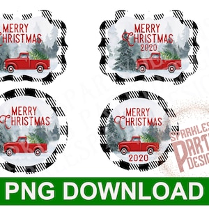 Buffalo Plaid Red Truck Christmas Round and Benelux Ornament Sublimation Graphics design download, png, Black and White, Merry Christmas