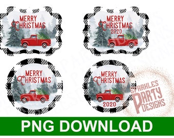 Buffalo Plaid Red Truck Christmas Round and Benelux Ornament Sublimation Graphics design download, png, Black and White, Merry Christmas