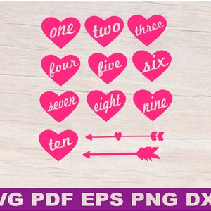 May include: Pink heart-shaped cutouts with the numbers one through ten written in white.  Two pink arrows with feather details are below the hearts.