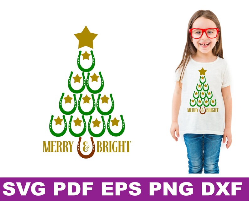 May include: Green and gold Christmas tree design with the text "Merry & Bright" made of horseshoes. The design is on a white t-shirt.
