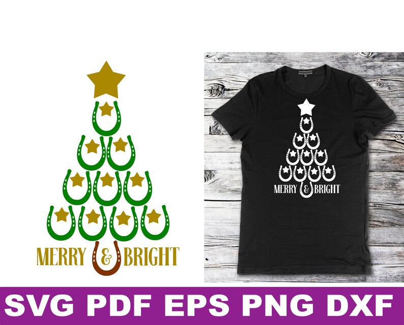May include: A black t-shirt with a white design of a Christmas tree made of horseshoes. The tree has a gold star on top and the text "Merry & Bright" at the bottom.