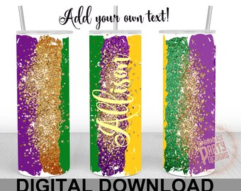Mardi Gras Brush Strokes Glitter Seamless 20 oz Skinny Straight Tapered Tumbler Sublimation Design PNG Digital Download Add your text