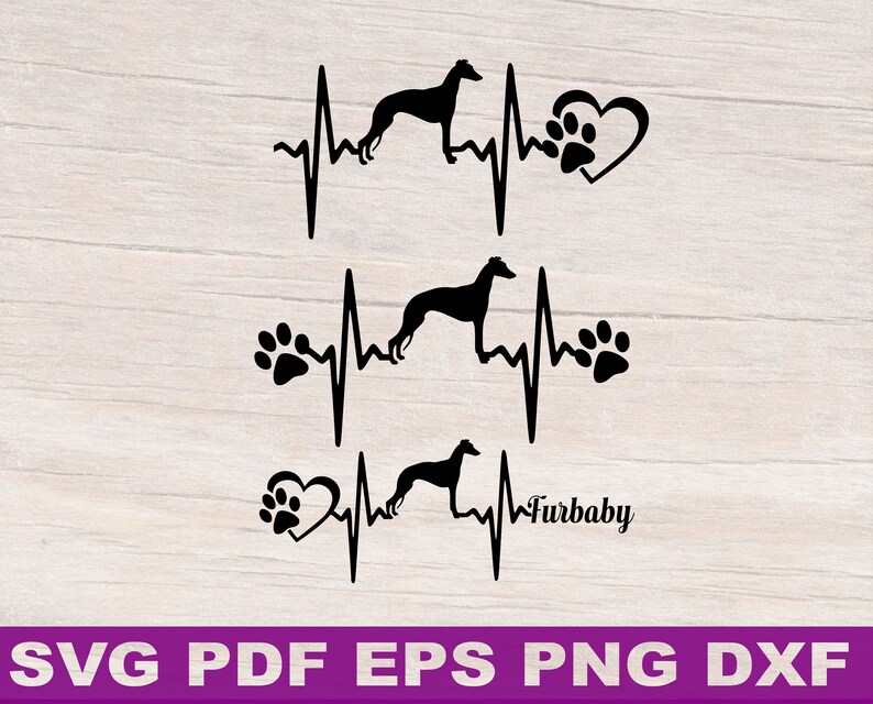 May include: Black and white silhouette of a Whippet dog with a heartbeat line and paw prints. The text "Furbaby" is below the image.