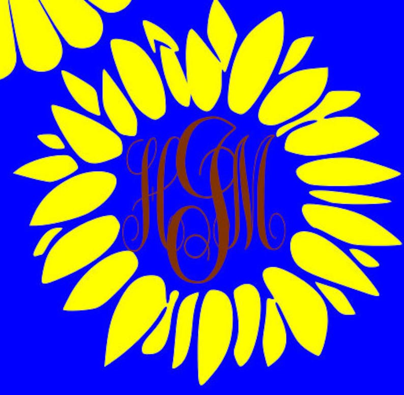 K&ouml;nnte beinhalten: Eine gelbe Sonnenblume mit braunen Monogramm-Initialen "HSM" in der Mitte vor einem blauen Hintergrund.
