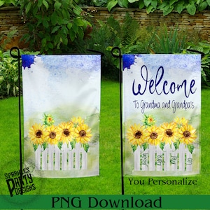 May include: A white picket fence with sunflowers in front of a watercolor background. The text "Welcome to Grandma and Grandpa's" is at the top of the fence. The names Jason, Lyla, Mel, and Leo are written on the fence pickets.  You can personalize this with your own names.