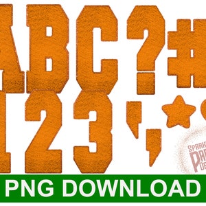 May include: Orange glitter letters, numbers, and symbols, including A, B, C, 1, 2, 3, question mark, number sign, exclamation point, star, and heart. The letters and numbers have a varsity style font. The image includes the text "Sparkles Party Designs".