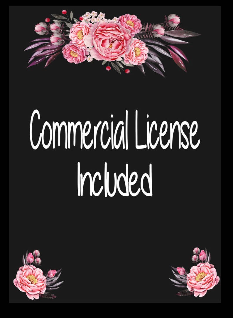May include: A black background with a floral design at the top and bottom. The text "Commercial License Included" is in white.
